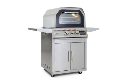 Blaze 26-Inch Pizza Oven installed on stainless steel cart, angled view