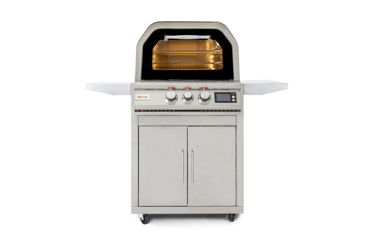 Front view of Blaze 26-Inch Pizza Oven installed on matching cart