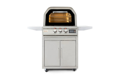Front view of Blaze 26-Inch Pizza Oven installed on matching cart
