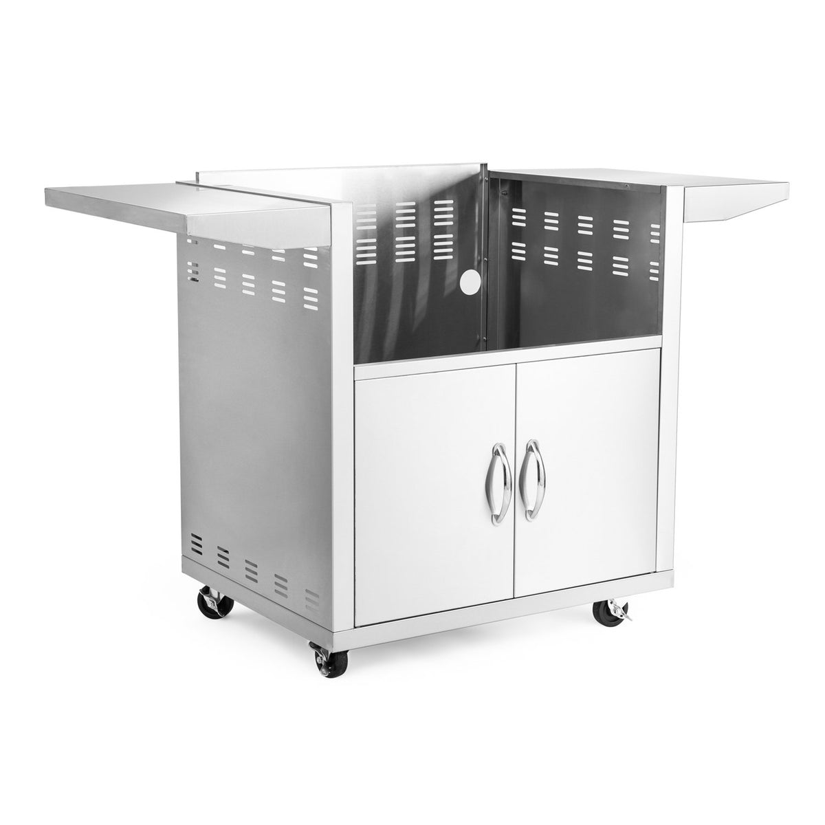 Blaze LTE+ 30-Inch Griddle Cart angled view with double doors and folding side shelves