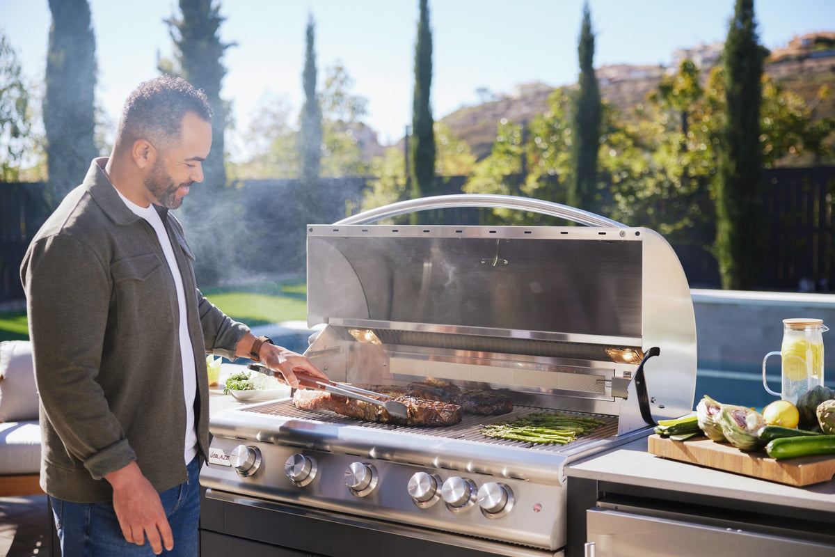 Blaze LTE+ 40-inch 5-burner grill in an outdoor kitchen cooking setting