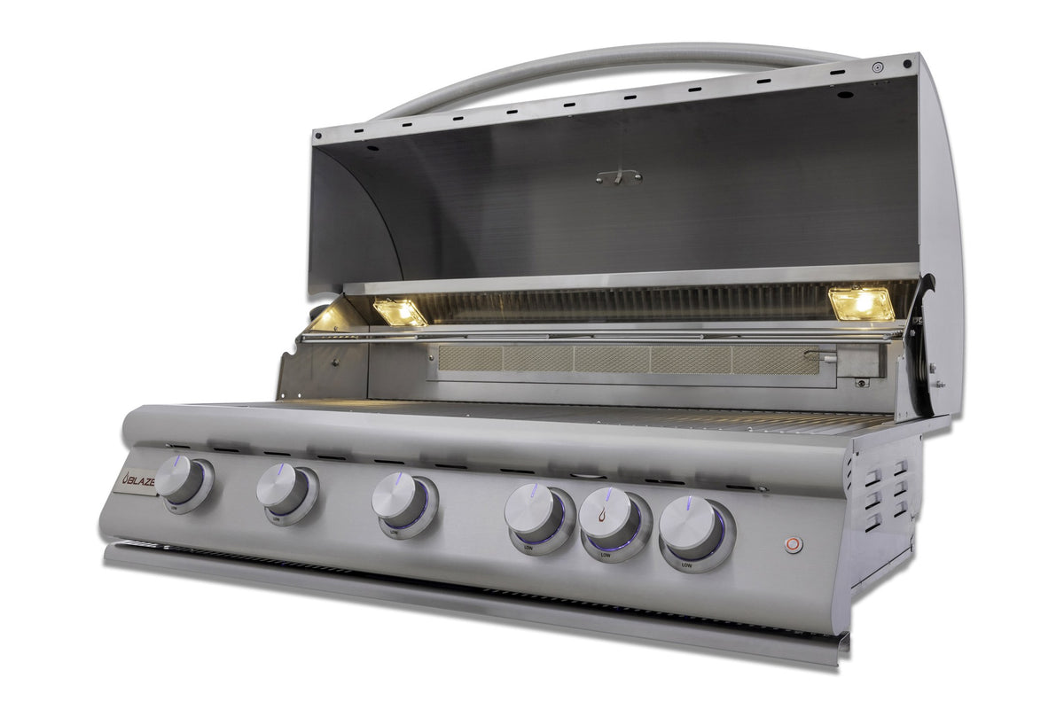Blaze LTE+ 40-inch 5-burner gas grill open cooking surface and warming rack