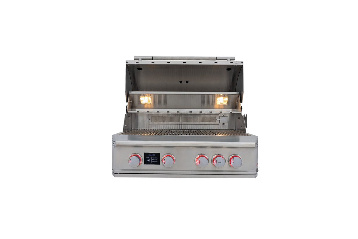 Blaze LTE PRO 32-inch built-in gas grill open cooking surface and warming rack
