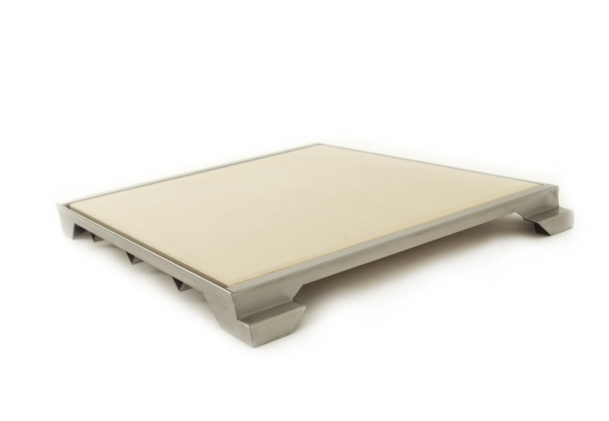 Blaze Professional 15-Inch Ceramic Pizza Stone with stainless steel tray angled view