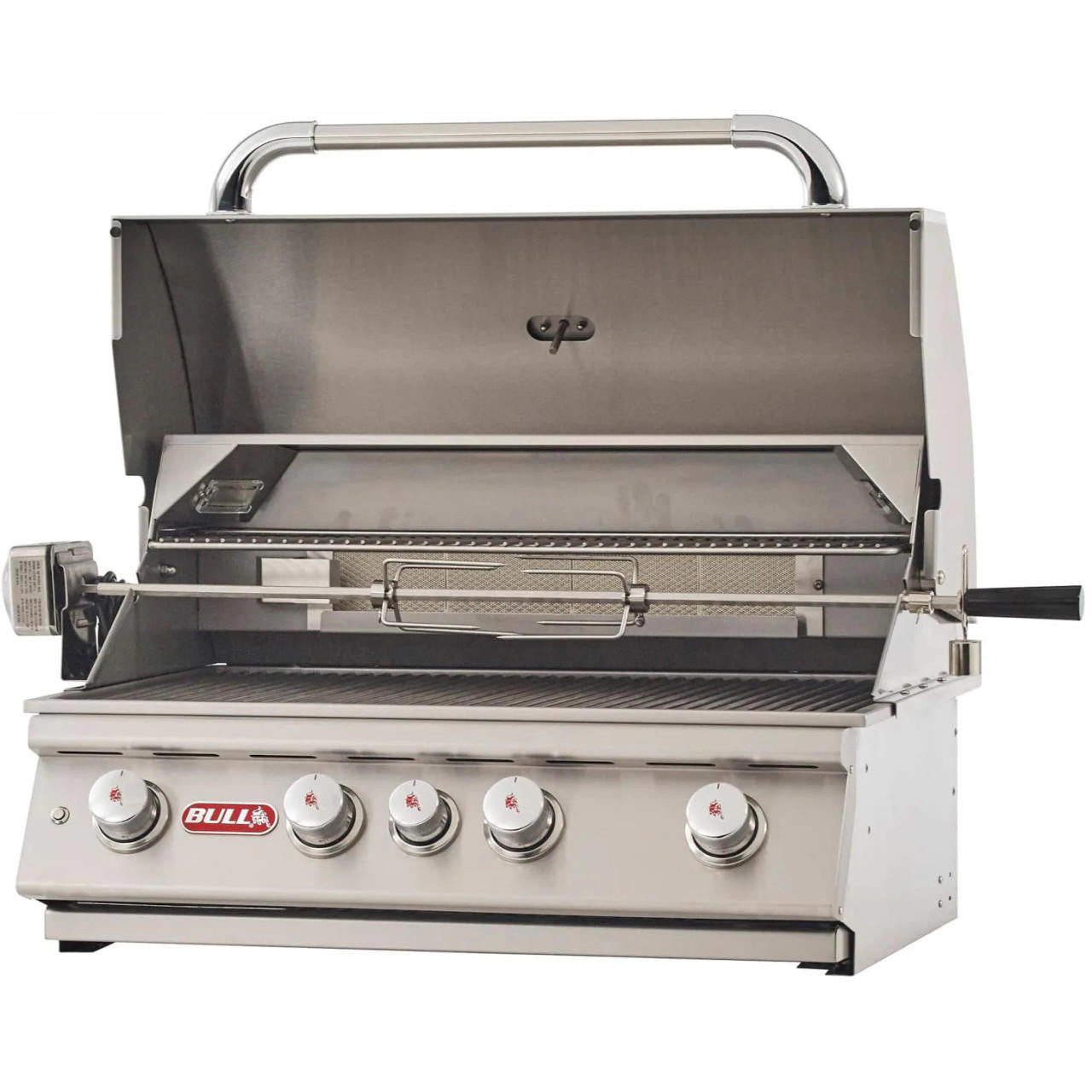 Bull Angus 30-inch grill with hood open, infrared back burner, rotisserie assembly and four burner controls.