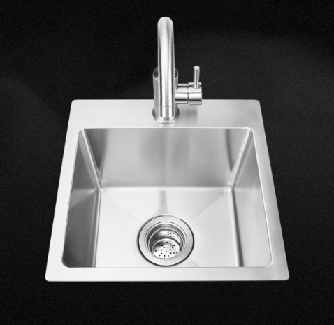 Bull 18-inch stainless steel outdoor kitchen sink with hot and cold faucet, drain assembly, and deep basin for outdoor food prep and cleanup
