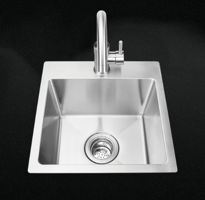 Bull 18-inch stainless steel outdoor kitchen sink with hot and cold faucet, drain assembly, and deep basin for outdoor food prep and cleanup