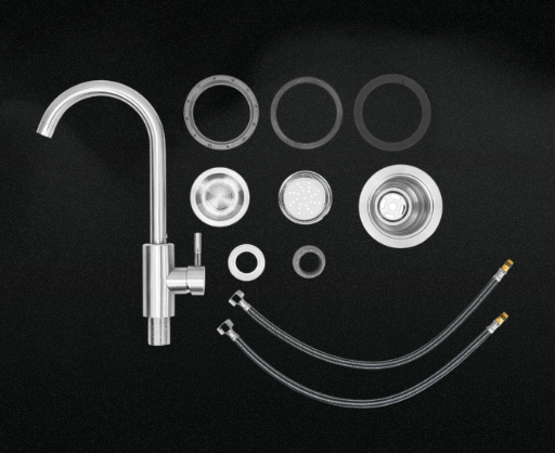 Bull 18-inch outdoor sink installation kit including stainless steel drain assembly, mounting hardware, and water connection components