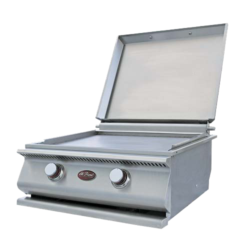 Cal Flame flat hibachi drop-in grill with stainless steel cover open