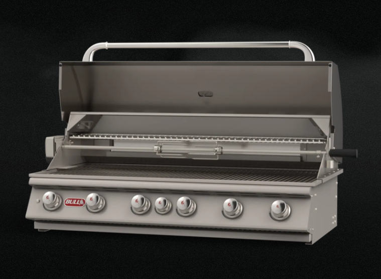 Bull 46" Diablo 6-burner drop-in grill with lid open, showcasing six cast stainless steel burners, solid stainless cooking grates, infrared rear burner, and premium 304 stainless steel construction.