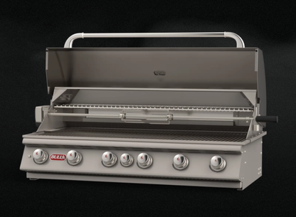 Bull 46" Diablo 6-burner drop-in grill with lid open, showcasing six cast stainless steel burners, solid stainless cooking grates, infrared rear burner, and premium 304 stainless steel construction.