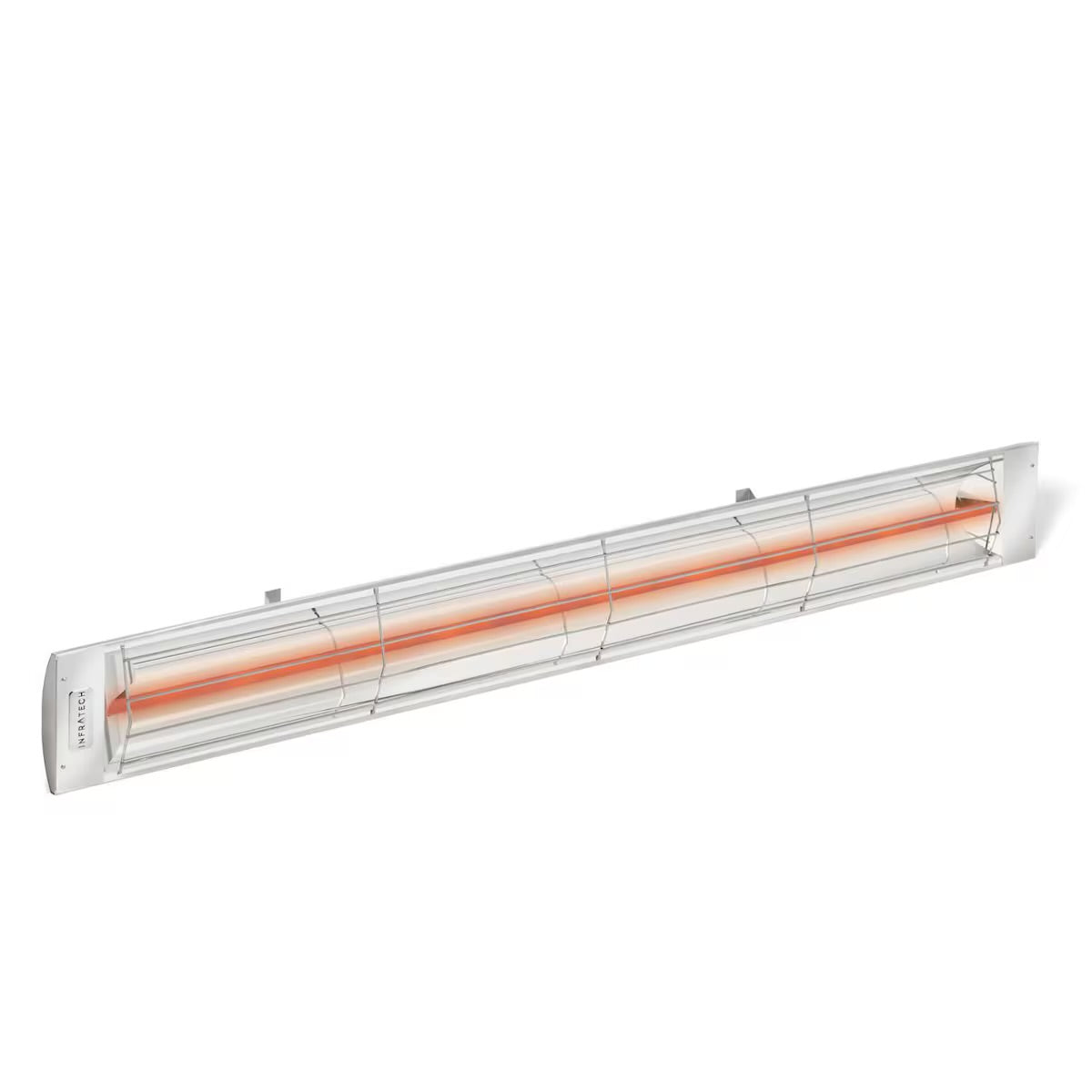 Infratech silver slimline single-element electric patio heater with visible glowing heating element, angled view on white background