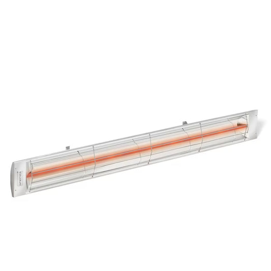 Infratech silver slimline single-element electric patio heater with visible glowing heating element, angled view on white background