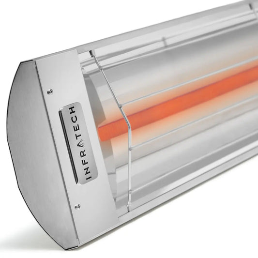 Close-up angled view of Infratech silver electric patio heater end panel with logo plate and illuminated heating element