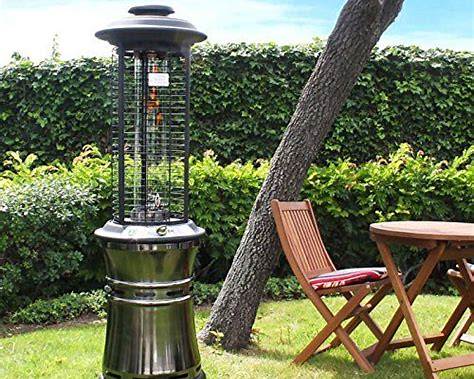 Lava Heat Italia Ember collapsible patio heater in Silver finish in an outdoor garden setting
