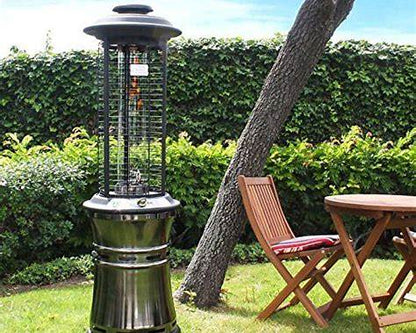 Lava Heat Italia Ember collapsible patio heater in Silver finish in an outdoor garden setting