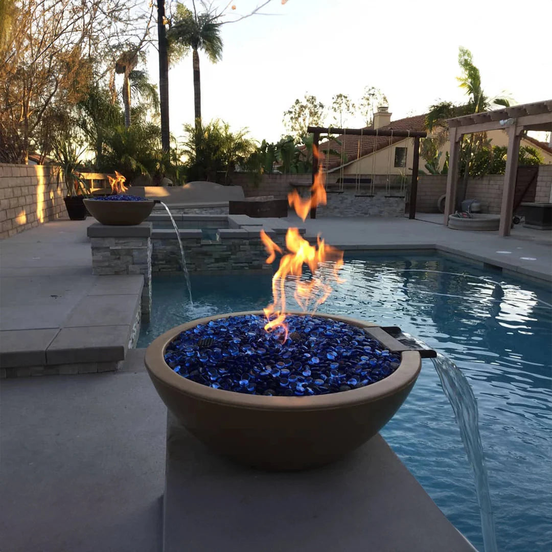 HPC Fire and water bowl in live setting with flame and water flowing into pool