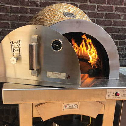 forno pizza oven glass tile on stainless steel cart with pizza door