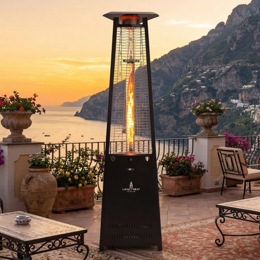 Lava Heat Italia Lava Lite flame tower on luxury coastal terrace