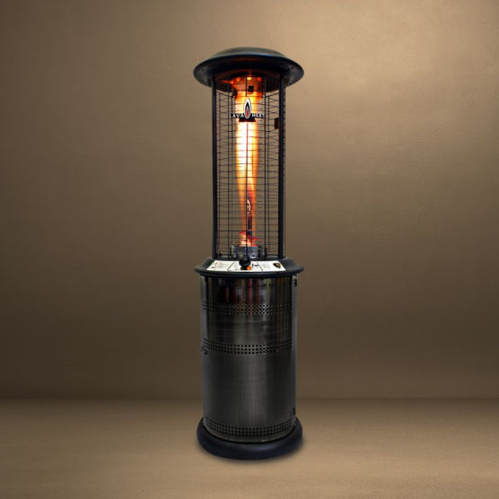 Lava Heat Italia Milano cylindrical patio heater with flame lit