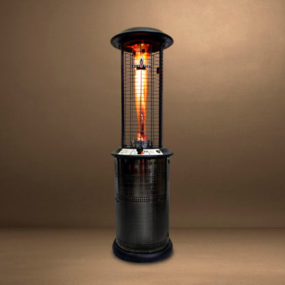 Lava Heat Italia Milano cylindrical patio heater with flame lit