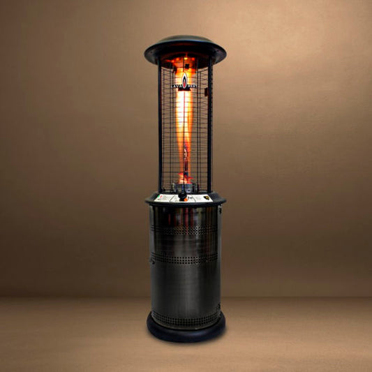 Lava Heat Italia Milano cylindrical patio heater with flame lit