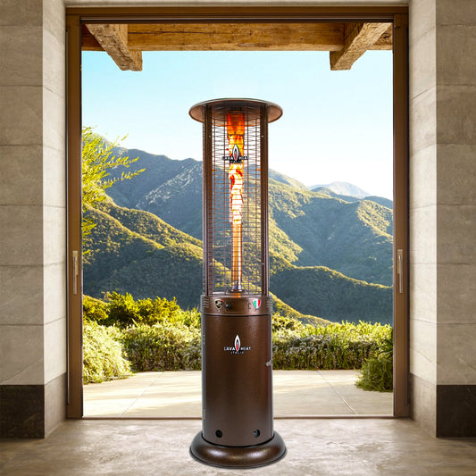 Lava Heat Italia Opus Lite patio heater in mountain terrace setting