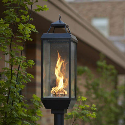 Tempest 20K outdoor gas lantern with black frame and spiral flame