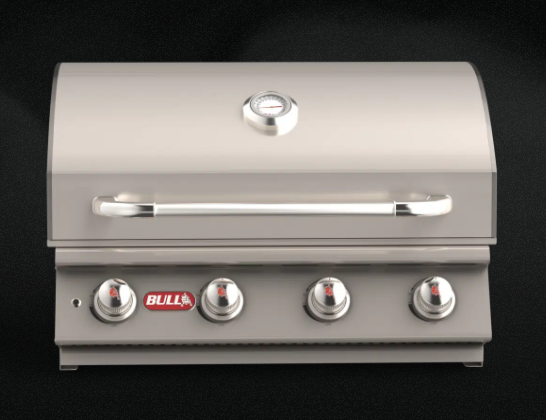 Bull 30" Lonestar Select 4-Burner Natural Gas Drop-In Grill with lid open, showcasing four stainless steel burners, solid stainless cooking grates, warming rack, and premium 304 stainless steel construction.