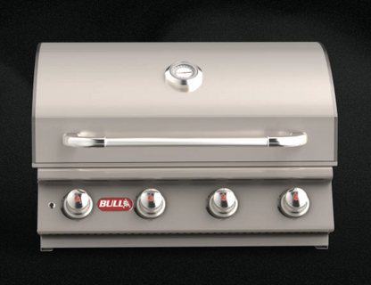 Bull 30" Lonestar Select 4-Burner Natural Gas Drop-In Grill with lid open, showcasing four stainless steel burners, solid stainless cooking grates, warming rack, and premium 304 stainless steel construction.