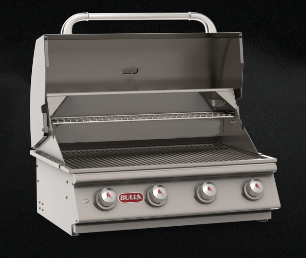 Bull 30" Lonestar Select 4-Burner Natural Gas Drop-In Grill with lid closed, featuring a sleek single-piece dual-lined stainless steel hood and professional built-in outdoor kitchen design.