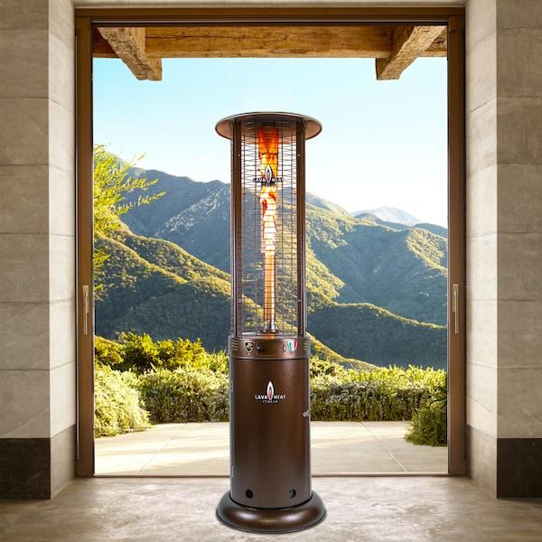 Lava Heat Italia Opus patio heater in Milano Bronze finish in a luxury outdoor living space
