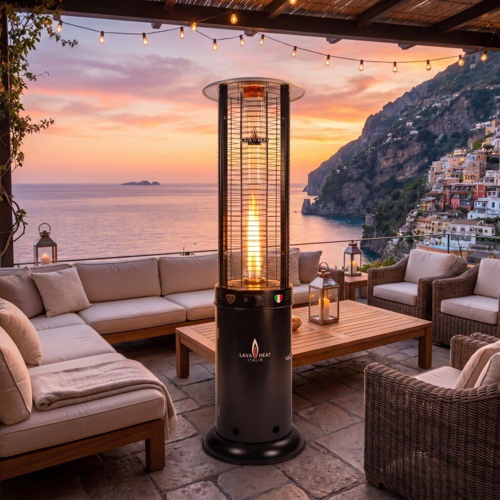 Lava Heat Italia Opus patio heater in Milano Gunmetal on a luxury outdoor terrace