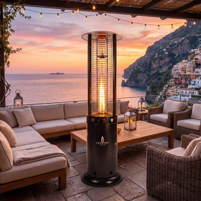 Lava Heat Italia Opus patio heater in Milano Gunmetal on a luxury outdoor terrace