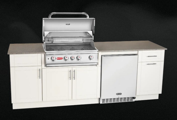 Bull Myrtle Beach outdoor kitchen island featuring Angus grill, deluxe refrigerator, marine-grade HDPE cabinets and natural granite countertop