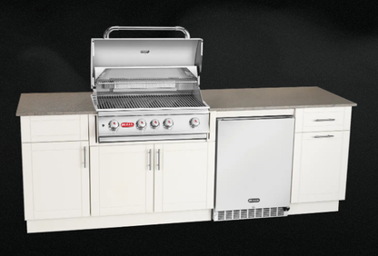 Bull Myrtle Beach outdoor kitchen island featuring Angus grill, deluxe refrigerator, marine-grade HDPE cabinets and natural granite countertop