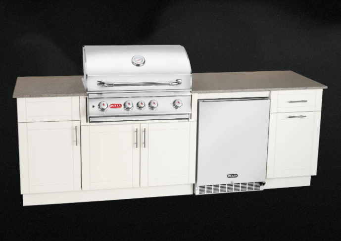 Bull DuraBull Myrtle Beach 8-foot outdoor kitchen with Angus 4-burner grill, outdoor refrigerator, Coffee Brown granite countertop and Dune HDPE cabinetry