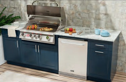 Bull DuraBull Charleston 10-foot outdoor kitchen with Angus 4-burner grill, outdoor refrigerator, Symphony Blue HDPE cabinetry and Galaxy White granite countertop