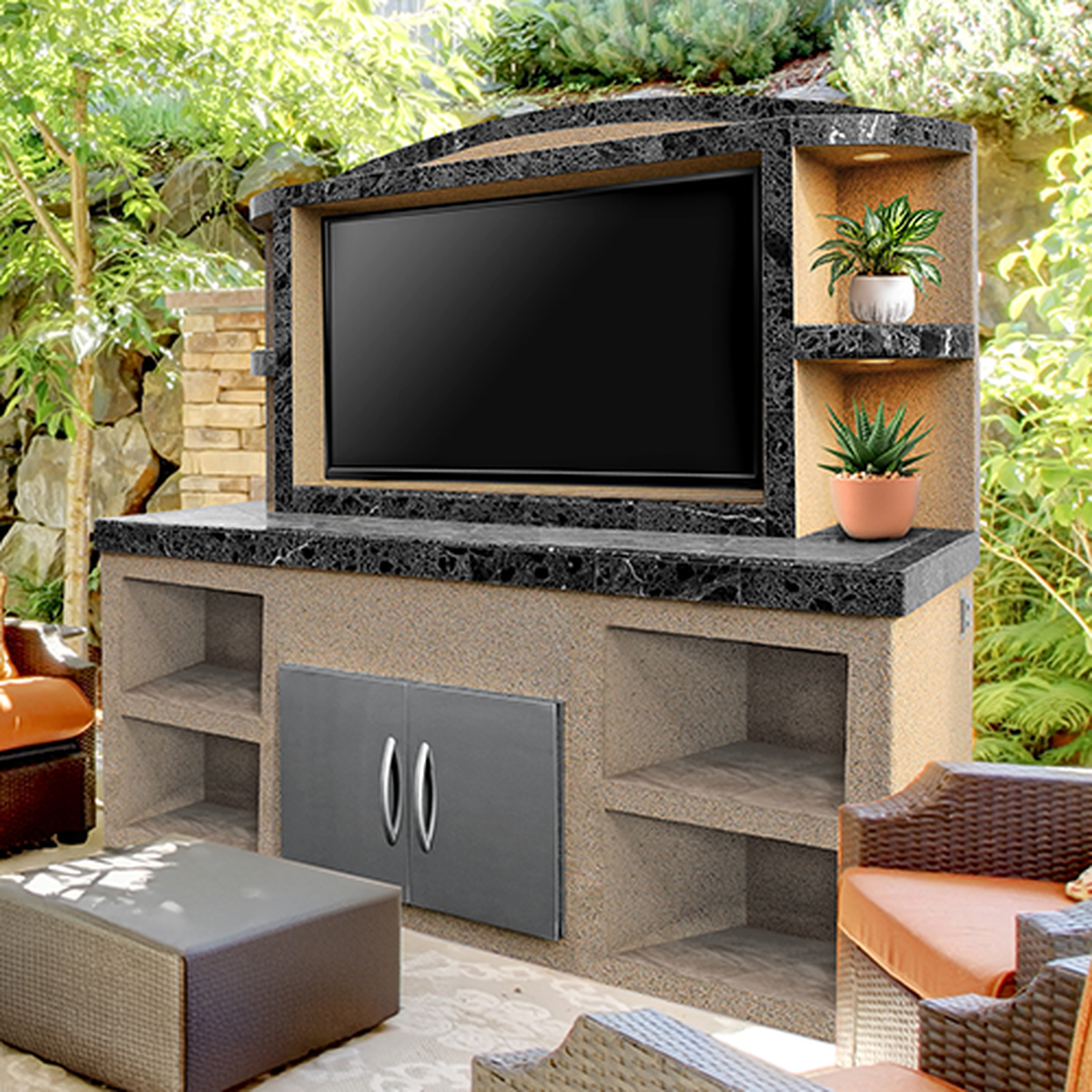 Cal Flame ODC-2 Crystal outdoor entertainment center with TV enclosure and storage shelving