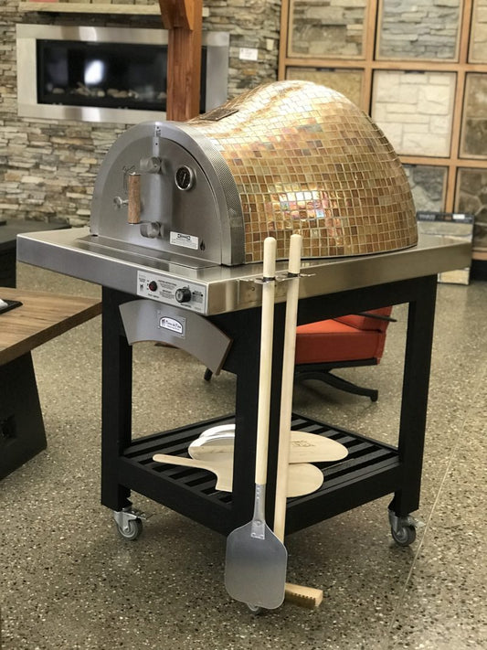 forno izza oven on stainless steel hearth on black powder coated cart to easy portable cooking 
