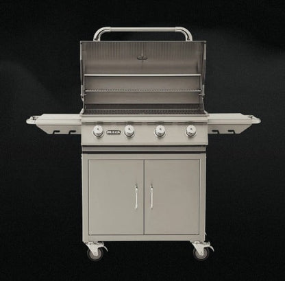 Bull Outlaw 30-inch LP gas grill cart with hood open and cooking grates visible