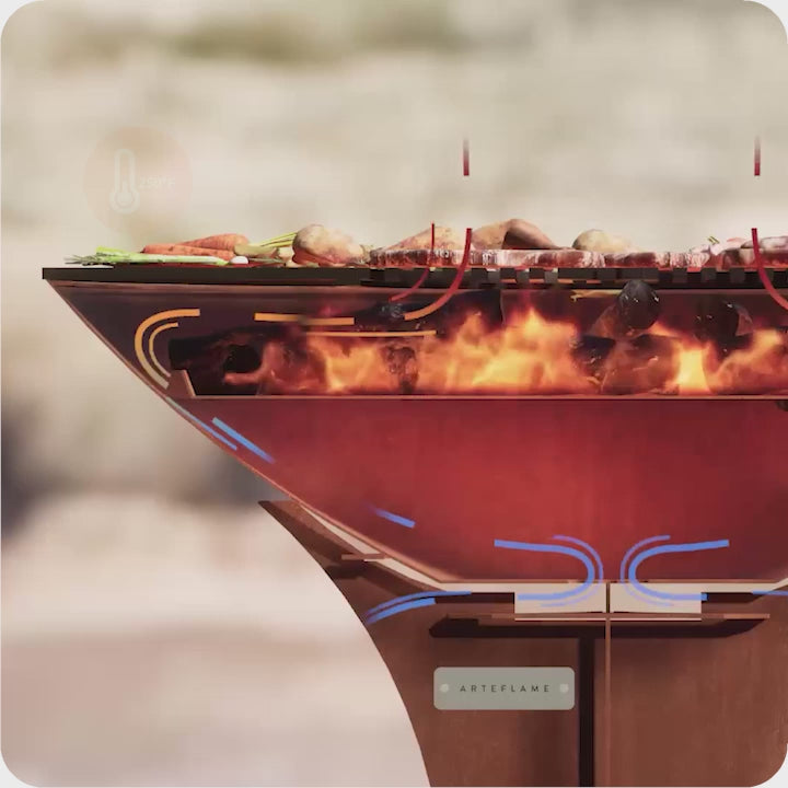 ArteFlame grill cross-section animation showing airflow and heat circulation inside the corten steel fire bowl grill with live flames and cooking surface above