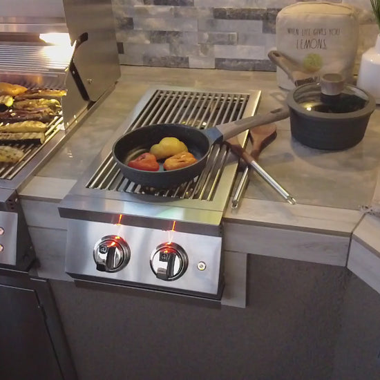 Video tour of the Bermuda custom outdoor kitchen featuring a built-in grill, side burner, premium appliances, and luxury outdoor entertaining space.