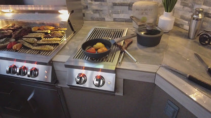 Video tour of the Bermuda custom outdoor kitchen featuring a built-in grill, side burner, premium appliances, and luxury outdoor entertaining space.