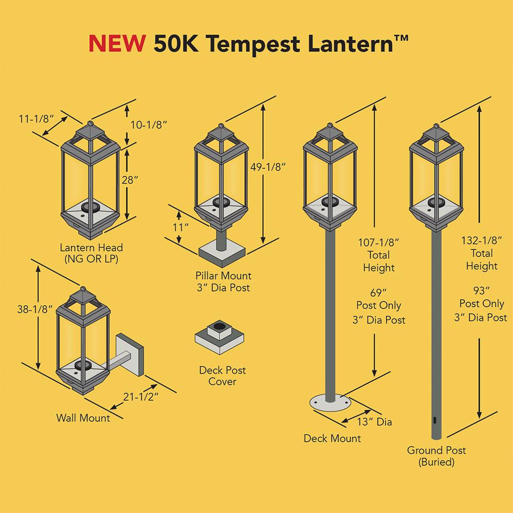 Technical dimension diagram of the NEW 50K Tempest Lantern with multiple mounting styles shown on a solid yellow background.