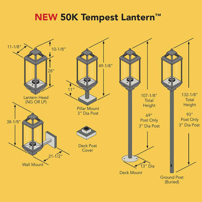 Technical dimension diagram of the NEW 50K Tempest Lantern with multiple mounting styles shown on a solid yellow background.