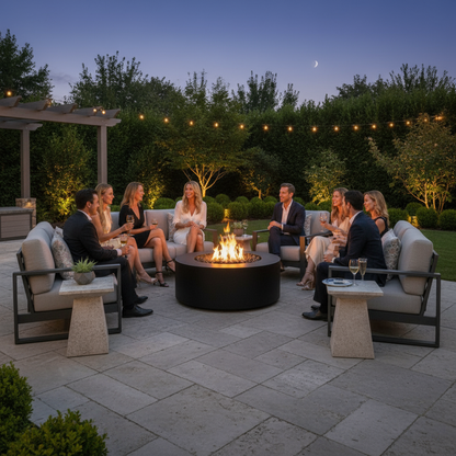 Unity fire pit in luxury backyard patio setting